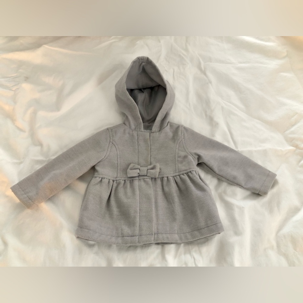 Toddler Girl Gray Hooded Peacoat with Bow